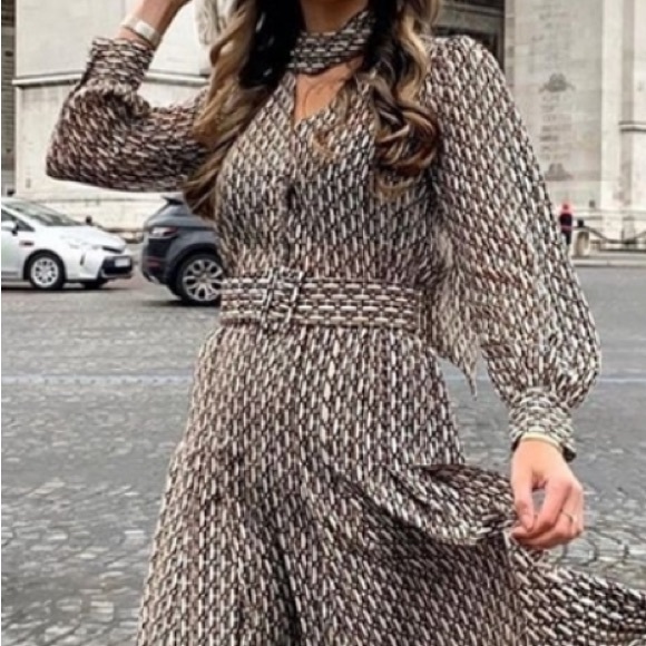 NWT Zara Brown Print Midi Dress Size XL Stunner! Bow Tie shirt dress long sleeve - Picture 2 of 16